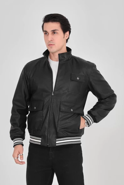 Erkek  Astarlı Suni Deri Ceket - Siyah - 4