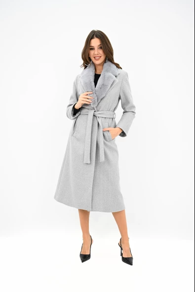 Kadın Kürk Yaka Kuşaklı Kaban 2503 - 9