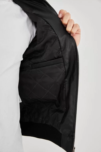 Erkek  Astarlı Suni Deri Ceket - Siyah - 7