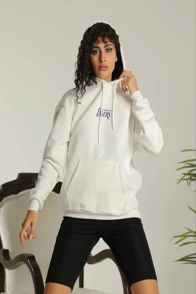 Kadın 24 Sırt Baskılı Ovresize Üç İplik Kapüşonlu Sweatshirt - Beyaz