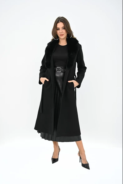 Kadın Kürk Yaka Kuşaklı Kaban 2503 - 2