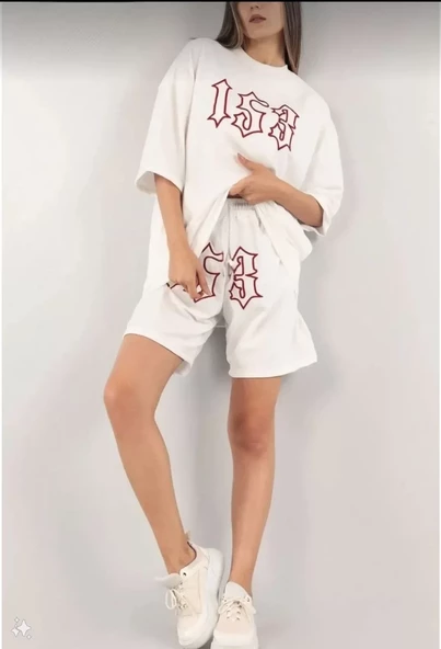 Kadın Unisex Nakış İşlemeli Şort Takım - Beyaz - 3