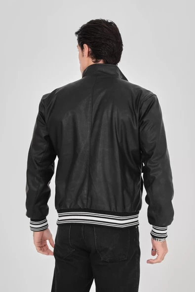 Erkek  Astarlı Suni Deri Ceket - Siyah - 6