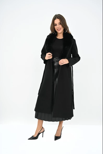 Kadın Kürk Yaka Kuşaklı Kaban 2503 - 3