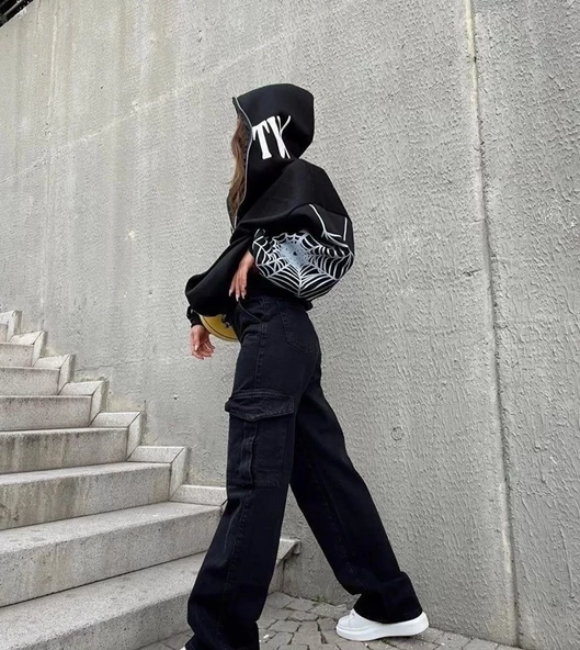 Kadın Bape Spider Baskılı Oversize Hırka - Siyah - 3