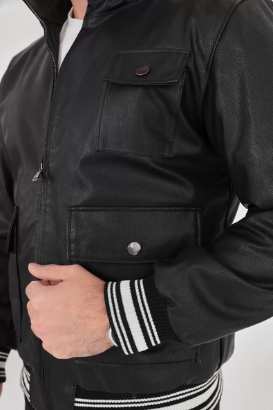 Erkek  Astarlı Suni Deri Ceket - Siyah - 5