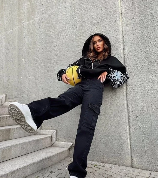 Kadın Bape Spider Baskılı Oversize Hırka - Siyah - 5