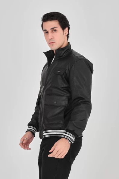 Erkek  Astarlı Suni Deri Ceket - Siyah - 2