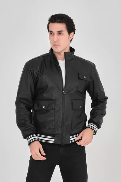 Erkek  Astarlı Suni Deri Ceket - Siyah