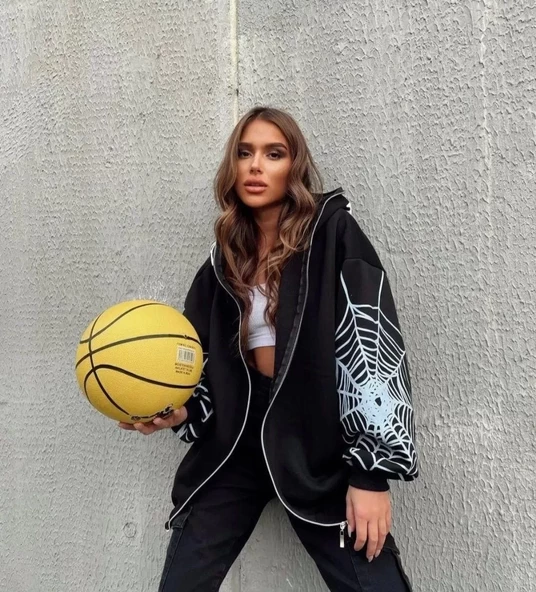 Kadın Bape Spider Baskılı Oversize Hırka - Siyah - 4