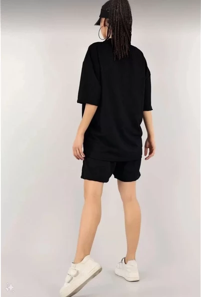 Kadın Unisex Nakış İşlemeli Şort Takım - Siyah - 4