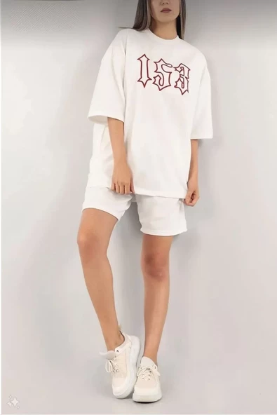 Kadın Unisex Nakış İşlemeli Şort Takım - Beyaz - 2