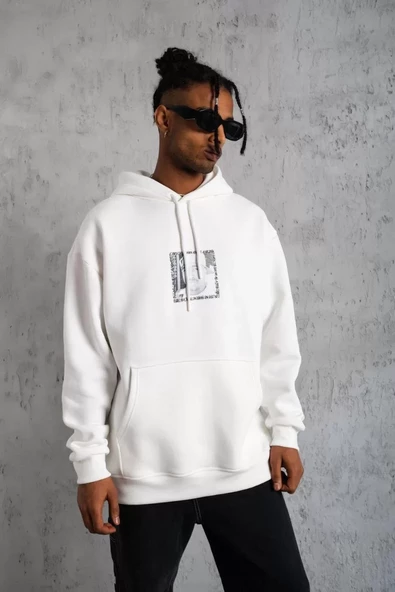 Erkek Ön Arka Baskılı Kapşonlu SweatShirt - Beyaz - 3