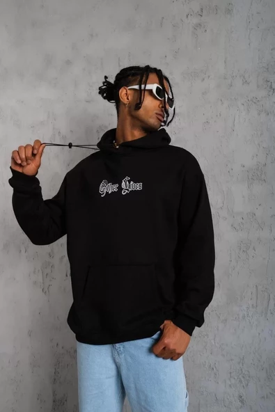 Erkek Sırt Baskılı Oversize  Kapüşonlu Sweatshirt - Siyah - 6