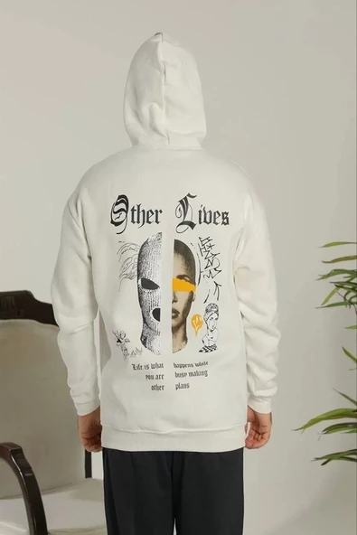 Erkek Sırt Baskılı Oversize Kapüşonlu Sweatshirt - Beyaz