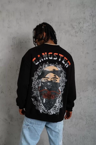 Erkek Gangster Baskılı Sweatshirt - Siyah - 2
