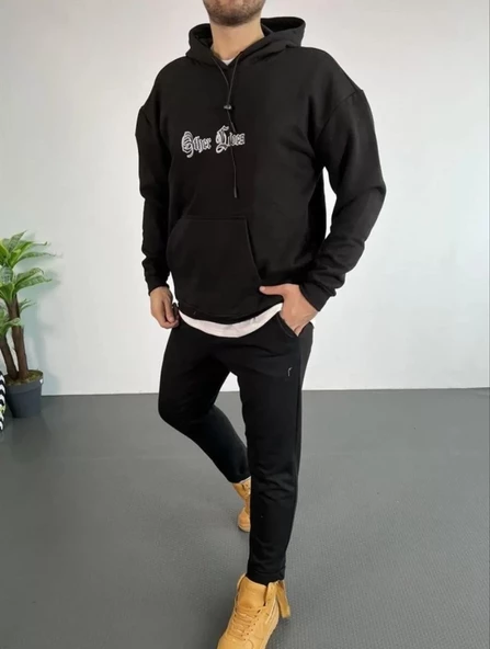 Erkek Sırt Baskılı Oversize  Kapüşonlu Sweatshirt - Siyah - 2