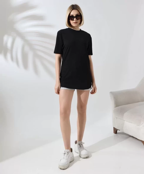 Unisex Bisiklet Yaka Slim Fit T-Shirt - Siyah - 6