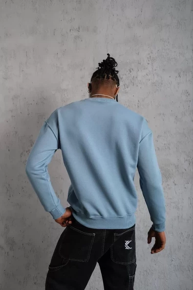 Erkek Düz Bisiklet Yaka Sweatshirt - Mavi - 2