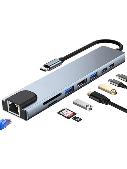 Shaza 8in1 USB Type-C Hub Port Adaptör HDMI USB Ethernet Pd Girişli