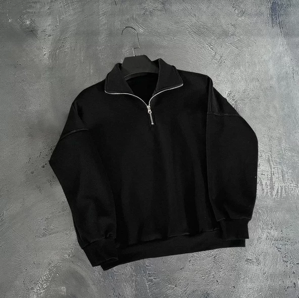 Erkek Yarım Fermuarlı  Sweatshirt - Siyah - 2