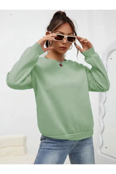 Kadın Düz Bisiklet Yaka Sweatshirt - Mint Yeşili