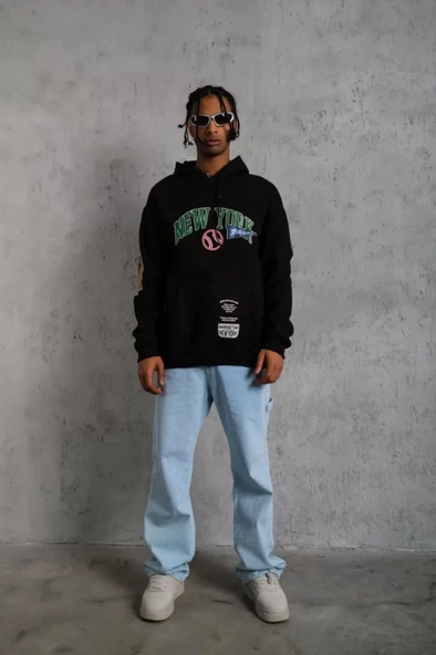 Erkek Baskılı Kapüşonlu Sweatshirt - Siyah - 2