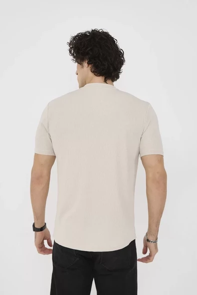 Unisex Bisiklet Yaka Slim fit T-Shirt- Bej - 7