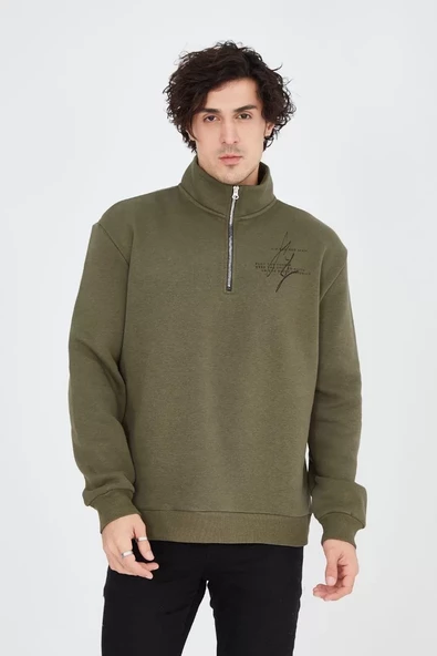 Erkek Yarım Fermuarlı Baskılı Sweatshirt - Yeşil - 6