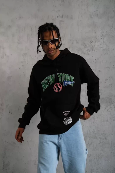 Erkek Baskılı Kapüşonlu Sweatshirt - Siyah - 3