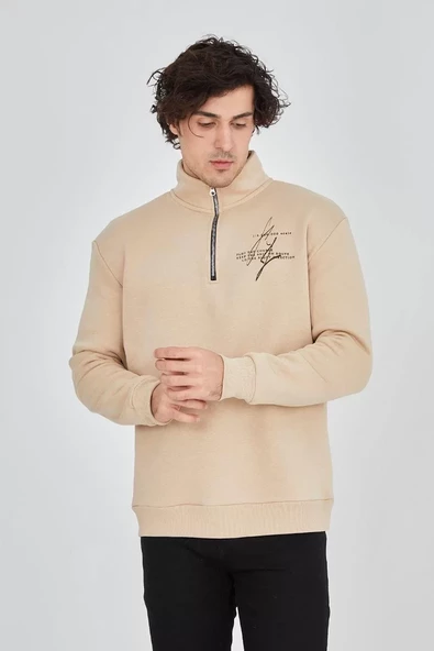 Erkek Yarım Fermuarlı Baskılı Sweatshirt - Bej - 4