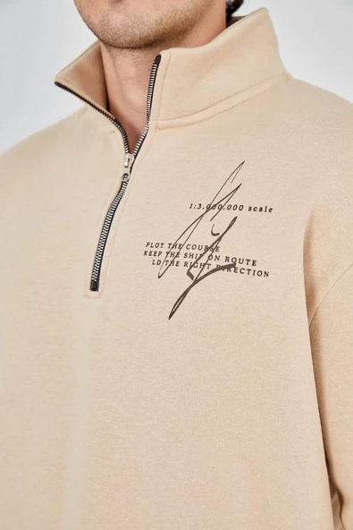 Erkek Yarım Fermuarlı Baskılı Sweatshirt - Bej - 8