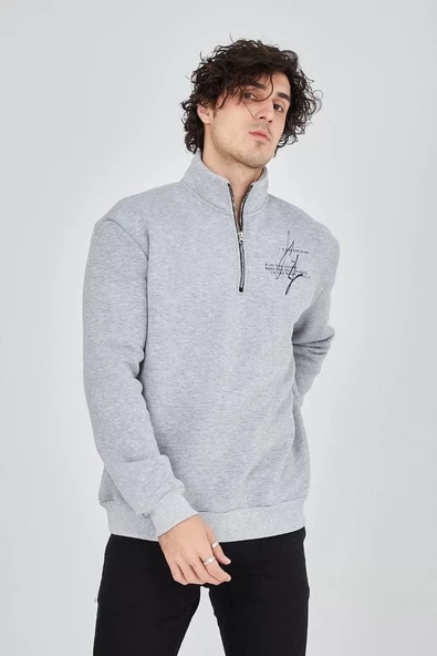 Erkek Yarım Fermuarlı Baskılı Sweatshirt - Gri - 3