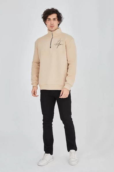 Erkek Yarım Fermuarlı Baskılı Sweatshirt - Bej
