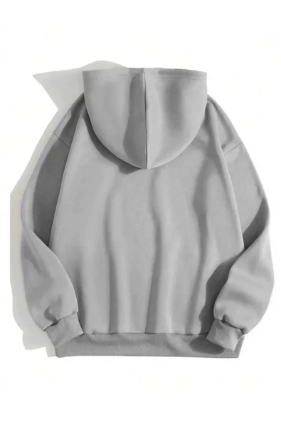 Erkek Düz Kapüşonlu Sweatshirt - Boyalı Gri