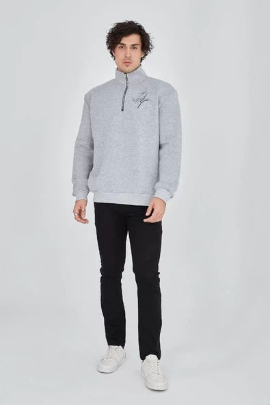 Erkek Yarım Fermuarlı Baskılı Sweatshirt - Gri