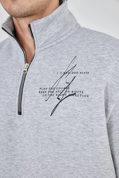Erkek Yarım Fermuarlı Baskılı Sweatshirt - Gri - 8