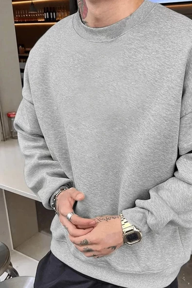 Erkek Düz Bisiklet Yaka Sweatshirt - Gri
