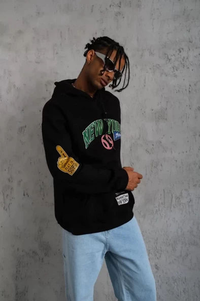 Erkek Baskılı Kapüşonlu Sweatshirt - Siyah - 5