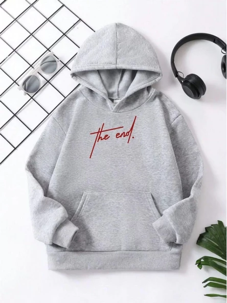 Çocuk Unisex Kapüşonlu The End Baskılı Pamuklu Sweatshirt - Gri