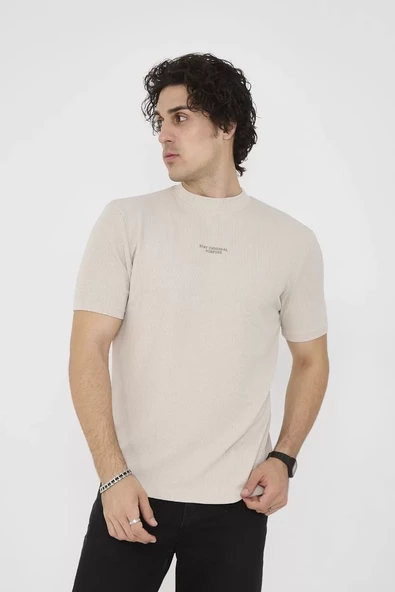 Unisex Bisiklet Yaka Slim fit T-Shirt- Bej - 3