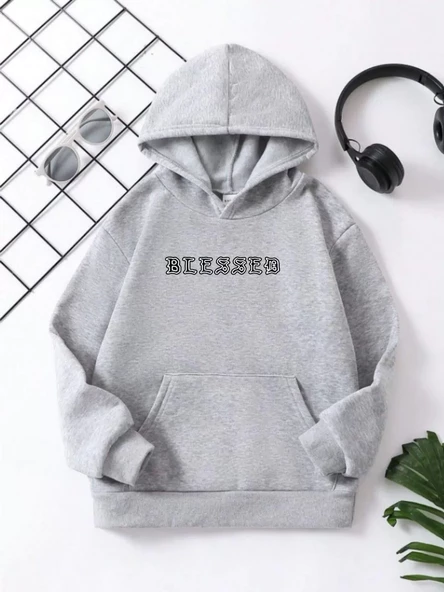 Çocuk Unisex Kapüşonlu Ön ve Arka Blessed Baskılı Pamuklu Sweatshirt - Gri