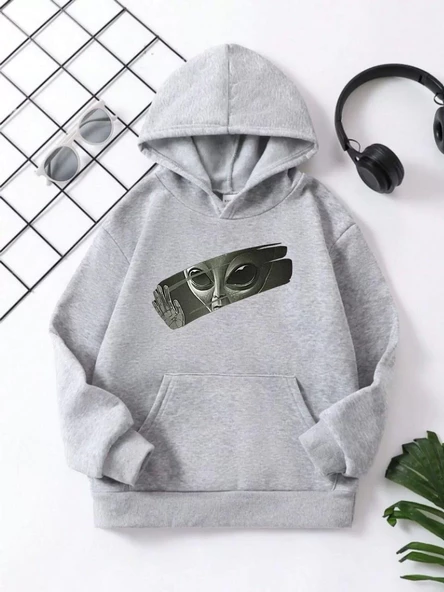 Çocuk Unisex Kapüşonlu Uzaylı Baskılı Pamuklu Sweatshirt - Gri