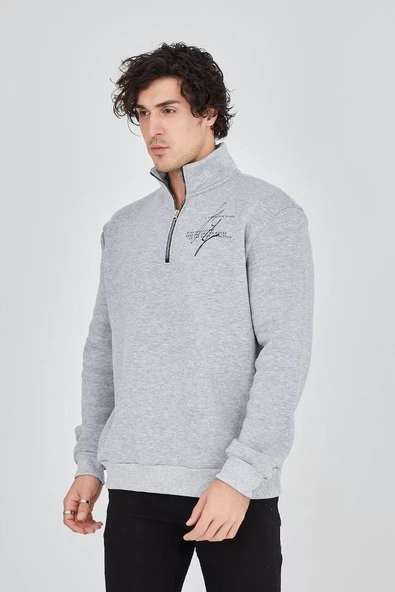 Erkek Yarım Fermuarlı Baskılı Sweatshirt - Gri - 4