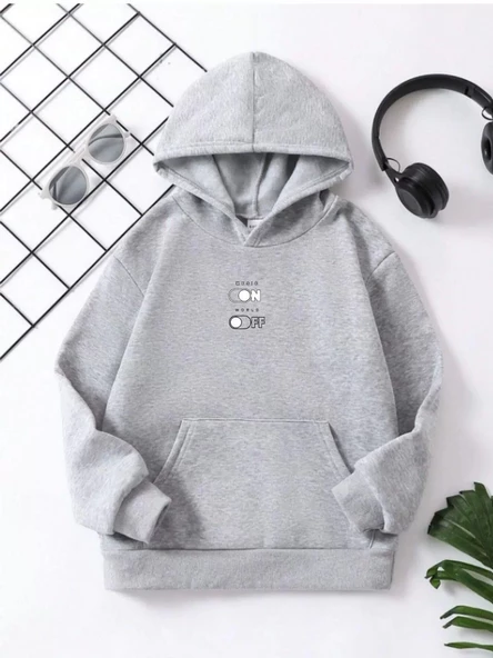 Çocuk Unisex Kapüşonlu Music ON-OFF Baskılı Sweatshirt - Gri