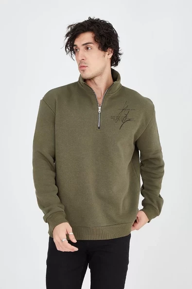 Erkek Yarım Fermuarlı Baskılı Sweatshirt - Yeşil - 7