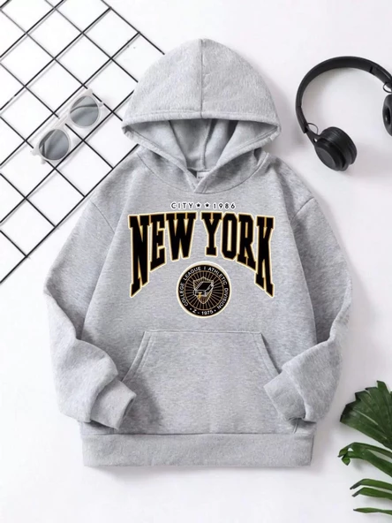 Çocuk Unisex Kapüşonlu Sarı New York Baskılı Pamuklu Sweatshirt - Gri