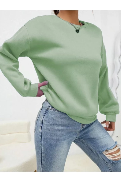 Kadın Düz Bisiklet Yaka Sweatshirt - Mint Yeşili - 3