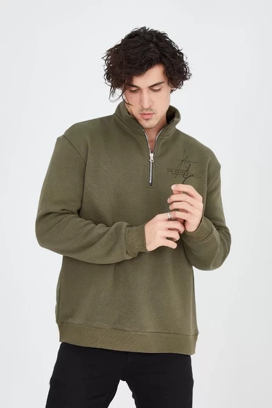 Erkek Yarım Fermuarlı Baskılı Sweatshirt - Yeşil - 5