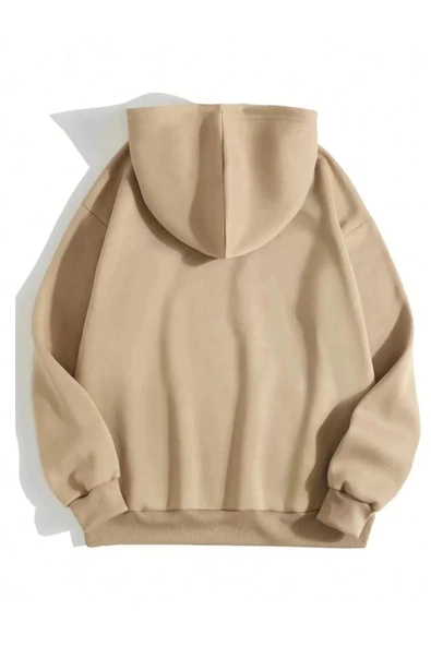 Erkek Düz Kapüşonlu Sweatshirt - Bej - 2